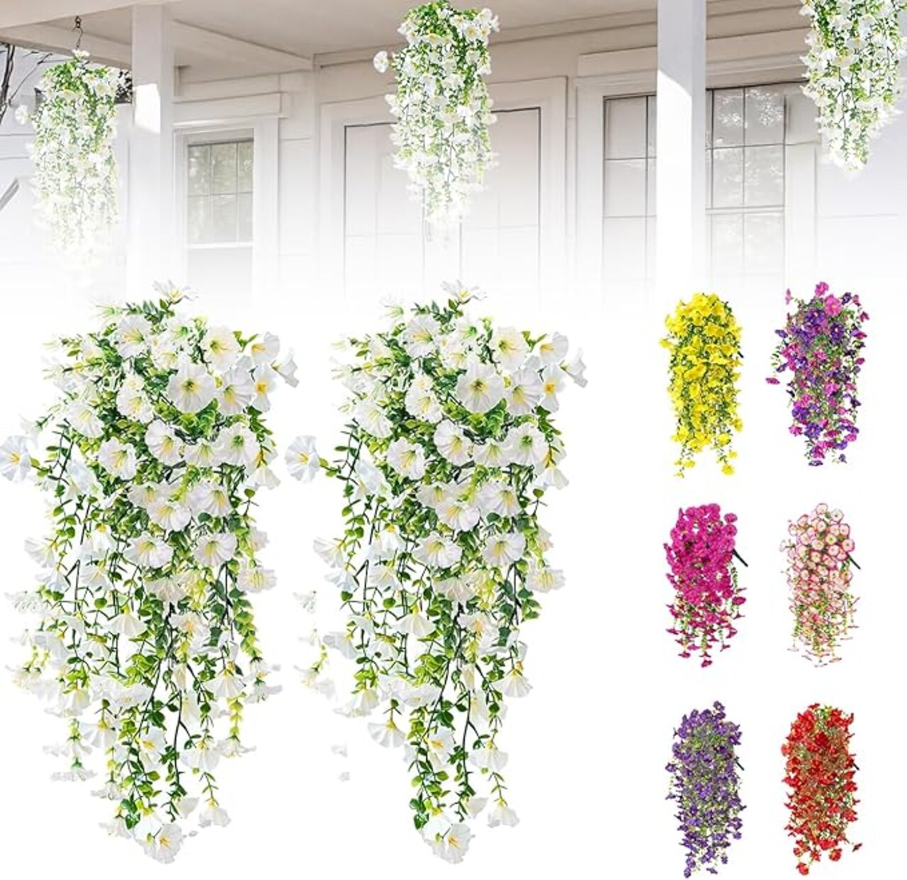 Artificial Flowers for Outdoors Fake Morning Glory Hanging Flower Decoration, 2 Pcs Realistic Faux Plants Petunias Trailing Vines, Spring Summer Decor for Porch Patio Balcony Planter Yard(White)